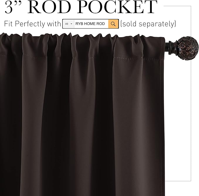 RYB HOME Bedroom Blackout Curtains - Thermal Insulated Noise Reducing Room Darkening Curtains Sunlight Shades Draperies for Nursery Bedroom Bathroom, 42 W x 45 L, Brown, Set of 2
