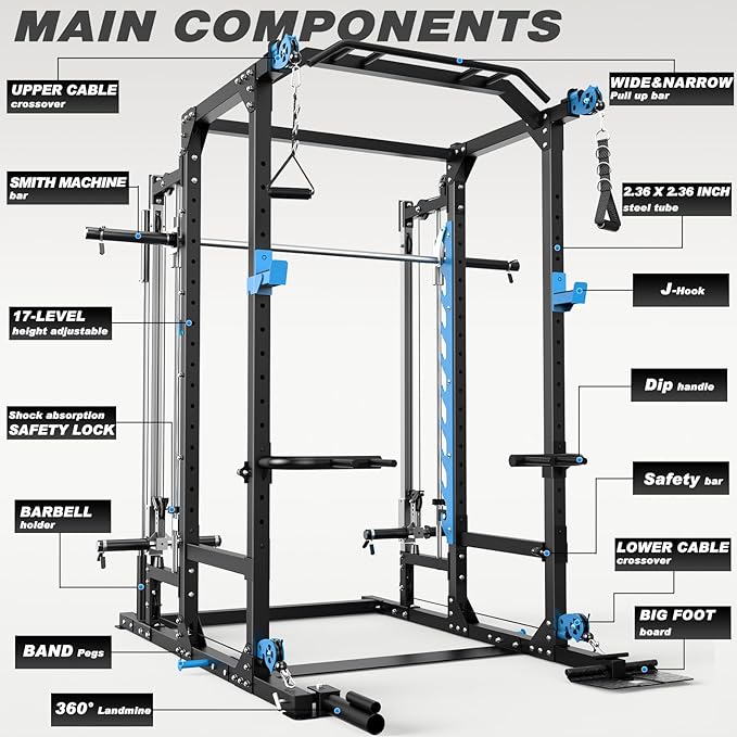 ULTRA FUEGO Power Cage with Cable Crossover/Smith Machine System LAT-Pull Down System Power Rack Squat Rack Training Attachments for Home Gym