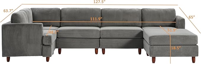 127.5" L/U-Shaped Sectional Couch with Movable Ottoman & 6 Removable Back Cushion, Corduroy Fabric Upholstered 6 Seat Modular Sleeper Sofa,DIY Free Combination Couches for Living Room,Grey