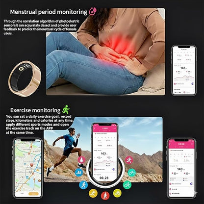 Smart Ring for Women Men, Fitness & Health Tracker with Vital Signs Monitoring, Sleep Tracker, Remote Photography, No Subscription(Gold,8#)