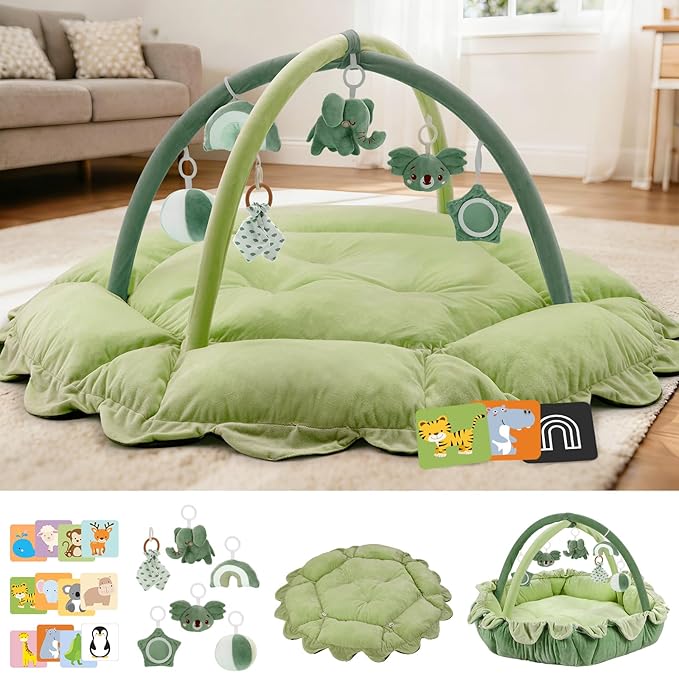 5-in-1 Baby Activity Gym & Play Mat with 6 Hanging Toys, Tummy Time Mat & Cards - Extra Large, Reversible Machine Washable Pad - Gift for Newborns, Infants 0-12 Months, Green