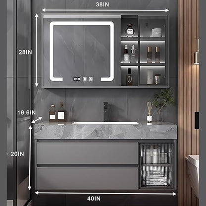 Gray 40IN Modern Bathroom Vanity - Wall-Mounted Bathroom Storage & Bathroom Vanities with Sink, Wall Mounted, Defogging & Led Lighting | Bathroom Cabinets Slim
