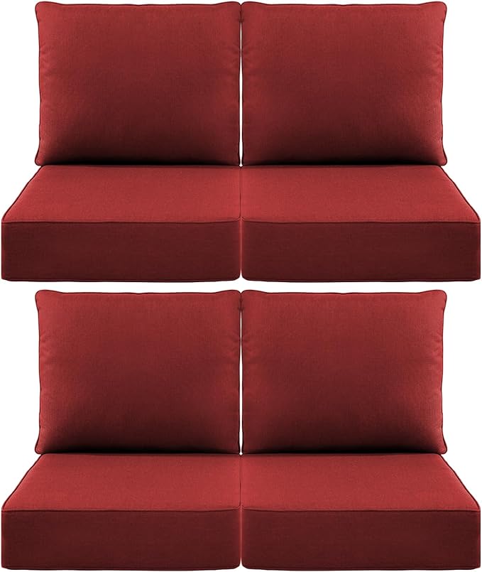 Luxury 6" Outdoor Cushions for Patio Furniture, 24x24x6" Thick Seat Cushion Set of 4, Fade Resistant Couch Chair Replacement Cushions High Density Deep Wicker Chair Cushion w/ Removable Cover, Red