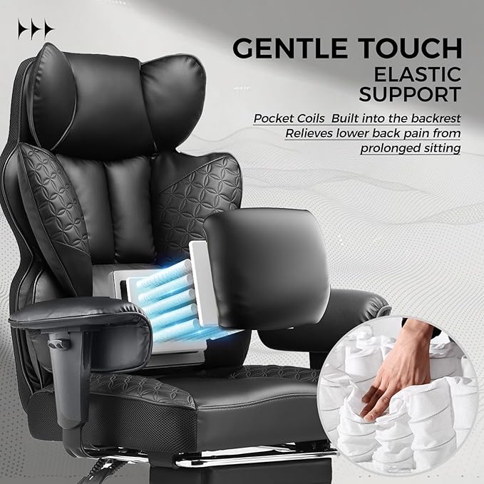 COMHOMA Big and Tall Office Chair 400LBS Wide Ergonomic Gaming Chair with Deluxe Embossing Leather with Foot Rest 150°Reclining Adjustable Armrests Pocket Spring Back Support and Without Pillow