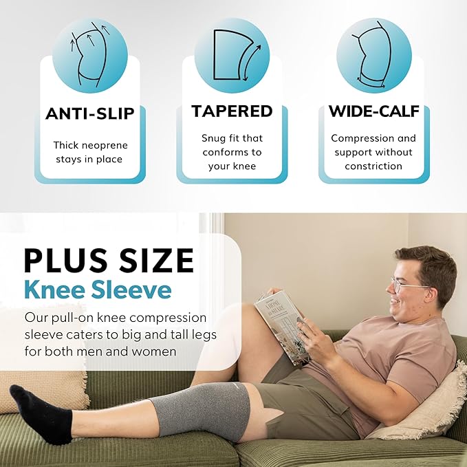 BraceAbility Plus Size Neoprene Knee Sleeve - Knee Compression Sleeve for Large Legs and Big Thighs, Arthritis Joint Pain and Support Knee Brace for Obese - Fits Men and Women (XL - Gray)