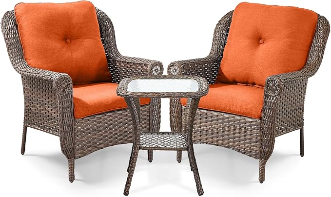 3 Piece Patio Brown Wicker Chairs with Side Table - Outdoor High Back Heavy Duty All-Weather Lawn Dining Rattan Chair Conversation Bistro Set for Deck Porch Balcony Backyard Garden - Orange