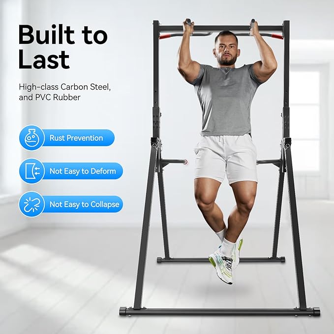 Foldable Pull Up Bar Stand, 440LBS Capacity Adjustable Height Dip Station for Home Gym, Strength Training Equipment for Calisthenics, Pullups, and Dips