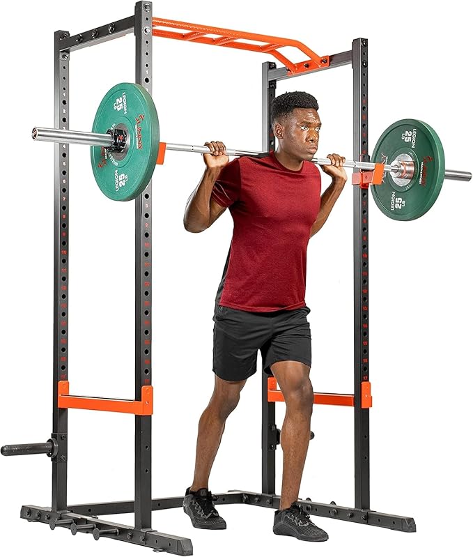 Sunny Health & Fitness Power Zone Strength Rack Power Cage - 1000 LB Weight Capacity, Spotter Bar, Angled Pull-Up Bar, J-Hooks, Resistance Band Pins, Optional LAT Pull Down