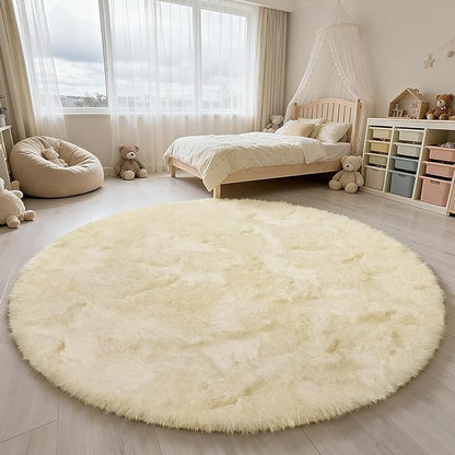 yulidayang Fluffy Round Area Rugs for Bedroom,Ivory 6'X6'Shag Circle Area Rugs for Girls Room,Non Slip Fuzzy Plush Rug for Kids Room Living Room and Dorm Home Rug