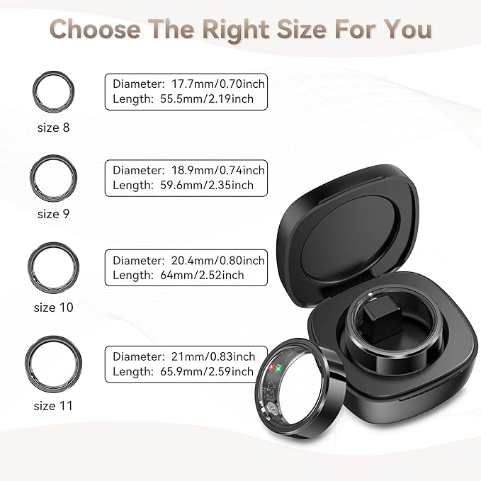 Smart Ring for Men, Fitness & Activity Tracker with Blood Pressure/Heart Rate Monitor, Sleep Tracker, Step Counter, IP68 Waterproof Ring for iOS & Android, Fast Charge, No Subscription (Black,Size9）