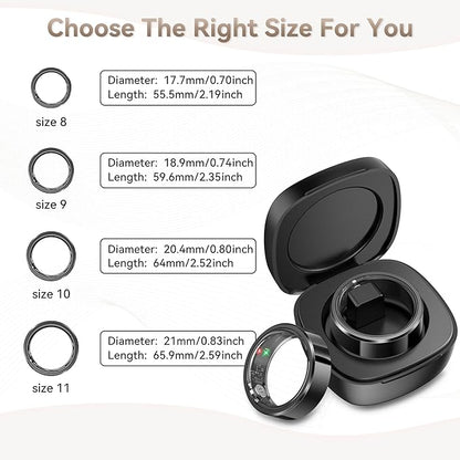 Smart Ring for Men, Fitness & Activity Tracker with Blood Pressure/Heart Rate Monitor, Sleep Tracker, Step Counter, IP68 Waterproof Ring for iOS & Android, Fast Charge, No Subscription (Black,Size10）