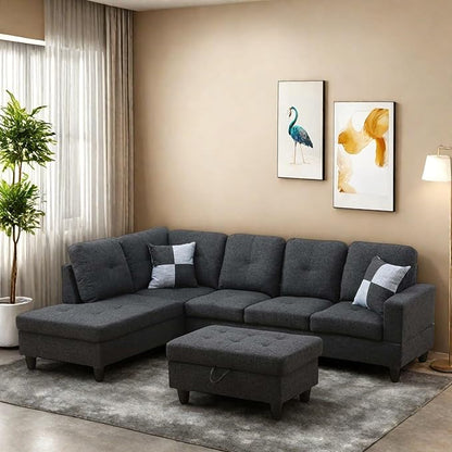 Sectional Couch with Ottoman Storage, L Shaped Sofa Furniture Sets, Modern Modular Couch Comfy Sofa for Living Room Bedroom, Dark Gray