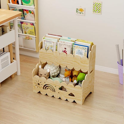Wood 2-Tier kids bookshelf, Montessori Bookshelf, Suitable Kids Rooms, Nursery & Classroom, kids bookshelf and Toy Storage, Toddler Book Rack, Nursery Book Shelves