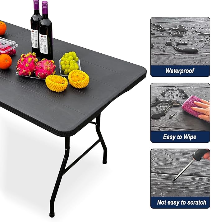2-PCS 70.8" W X 29" D X 29" H - 6 ft Black Folding Table Heavy Duty Portable, Plastic Folding Utility Folding Table for Camping, Picnics & Parties