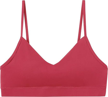 Oalka V Neck Sports Bra for Women Adjustable Padded Thin Straps Wireless Yoga Bras