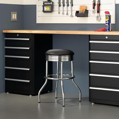TRINITY Heavy Duty 25-Inch Backless Swivel Bar Stool for Kitchen, Garage, or Workshop, Chrome Finish with Faux Leather Seat, 1 Pack, Black