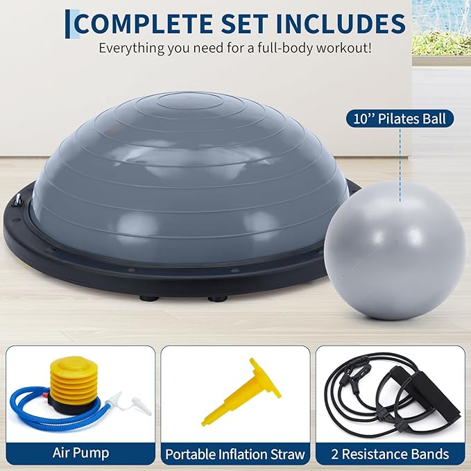 23 Inch Half Balance Ball, Anti-Slip with 1600LB Capacity, Stability Trainer for Core Strength, Includes Resistance Bands, Pump & Bonus Yoga Ball for Home Gym Fitness Workouts