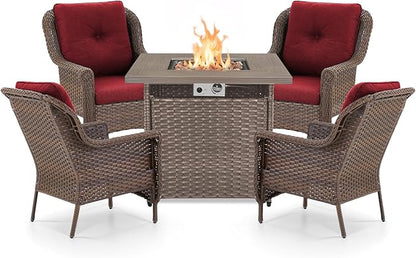 Outdoor Patio Chairs with Fire Pit Table 5 Piece Set - High Back Brown Wicker Rattan Lawn Chair with Thick Cushion for Porch Apartment Deck Yard Poolside Garden - Red