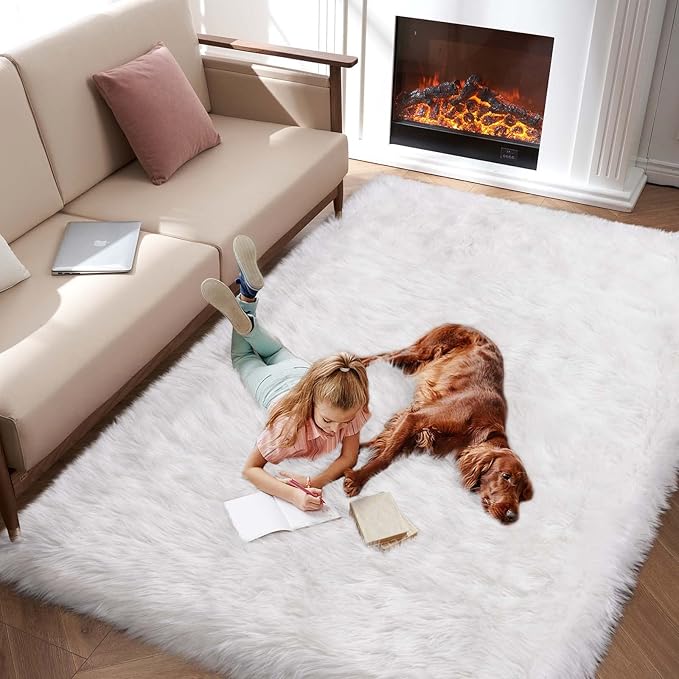 Faux Fur Area Rug, White Fluffy Rugs for Bedroom Living Room, 4'x6' Soft Shaggy Fuzzy Rug for Nursery, Indoor Plush Floor Carpets for Kids Girls Boys Teen Dorm, Cute Home Decor, Rectangle