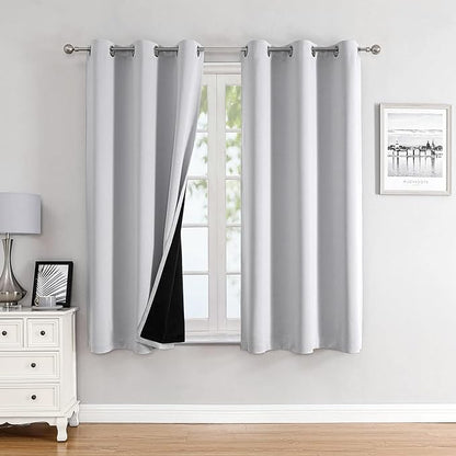 ChrisDowa 100% Blackout Curtains for Bedroom with Black Liner, 2 Thick Layers Total Blackout Thermal Insulated Grommet Window Curtains 2 Panels Set (Greyish White, 42 x 63 Inch)