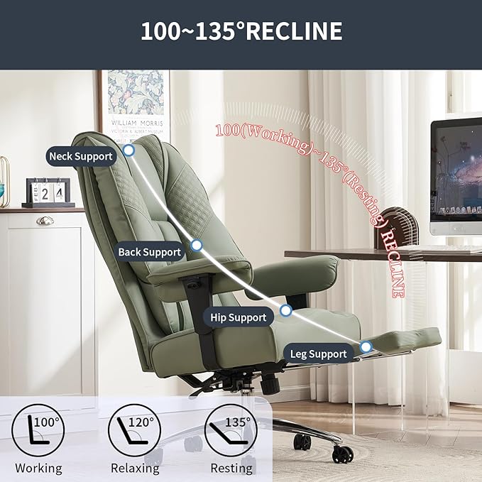 Big and Tall Office Chair 400lbs Wide Seat, Leather High Back Executive Office Chair with Foot Rest, Ergonomic Chairs Lumbar Support for Lower Back Pain Relief (Light Green)
