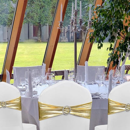 Spandex Gold Chair Sashes Bows 50 Pack Stretch Chair Bands with Buckles Elastic Slider Chairs Ties for Wedding Decorations Party Reception Events Banquet Decor - Metal Gold