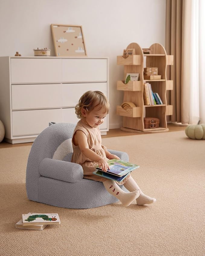 Blissful Diary Toddler Chair Comfy, Foam Kids Chair with Soft Teddy Plush, Toddler Reading Armchair for 1 2 3+ Year Old Girls Boys Baby Birthday Gift, Light Gray Arclet