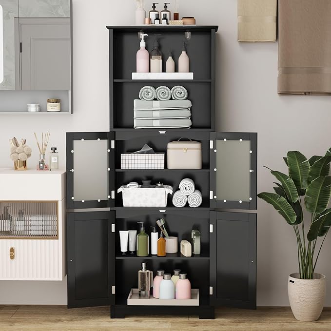 LOKO Tall Bathroom Cabinet, Modern Storage Organizer with Doors & Open Shelves, Wooden Floor Cabinet with Adjustable Shelves for Bathroom, Living Room or Kitchen (Black)