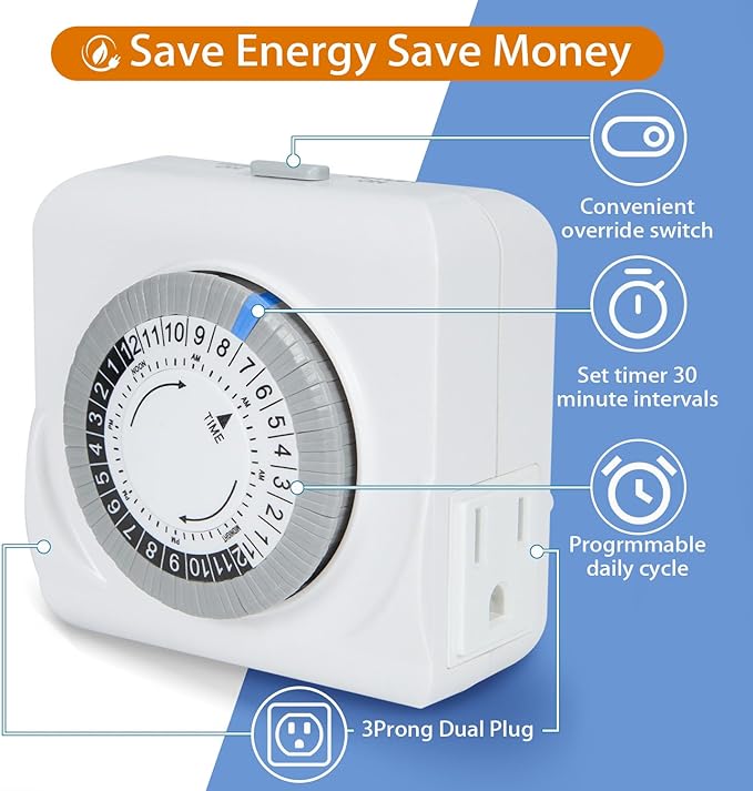 24-Hour Mechanical Timer for Electrical Outlets, Dual 3-Prong Outlets, 30-Minute Intervals, for Room Lights and Home appliances, 125V 15A, ETL Certified