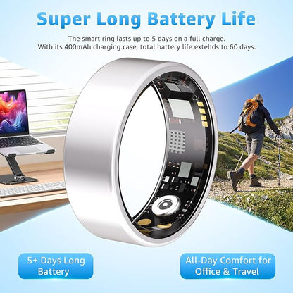 Smart Ring Health Tracker for Women & Men, Fitness Ring with Heart Rate Blood Oxygen, Sleep monitor, Step Tracker, IP68 Waterproof Compatible with iOS & Android, No Subscription Fee (Silver, 12)