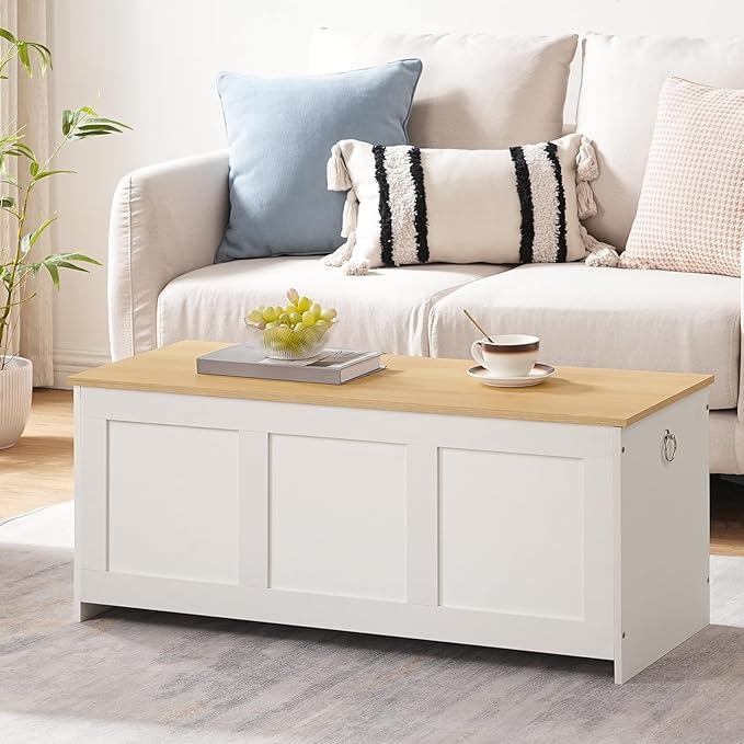 HOOBRO Storage Bench, 39.3" Retro Wooden Storage Chest, Wooden Storage Trunk, Toy Chest with Lift Top, Multifunctional Entryway Organizer, for Entryway, Living Room, White and Natural WN141CW01