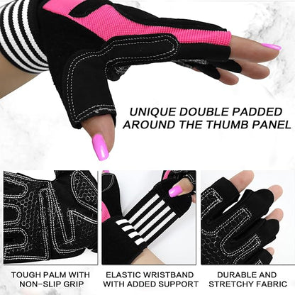 Weight Lifting Gloves for Women Gym Workout with Wrist Support,Padded Half Finger Gloves for Fitness Exercise