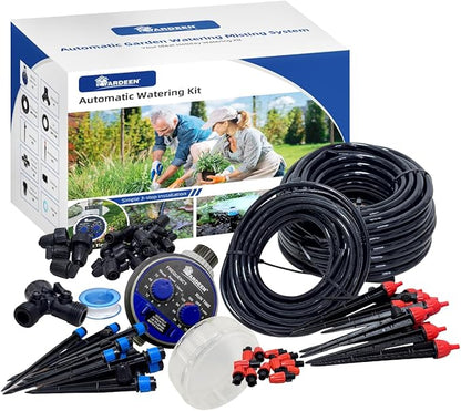 Micro Drip Irrigation Kit Automatic Garden Watering Misting System with 8/12 inch 4/7 inch Irrigation Tubing Hose and Water Timer for Greenhouse, Yard, Lawn