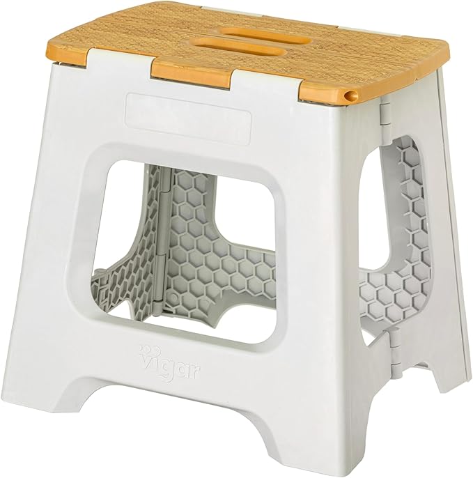 Vigar Compact Step Stool Foldable, 12-1/2-inch Step Stools for Adults up to 330 Pound, Lightweight Stool, Non-Slip Folding Step Stool, Grey, Bamboo Print on Top