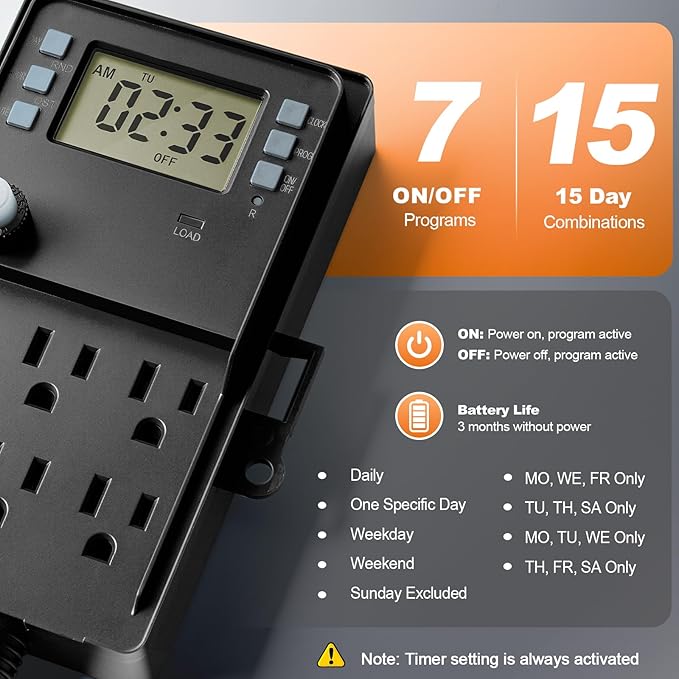 SURAIELEC Outdoor Power Stake, 7-Day Programmable Digital Timer, Power Strip Weatherproof, 6 Multi Plug Electrical Outlet Waterproof, 6 ft Extension Cord for Outside Light, Halloween Decoration