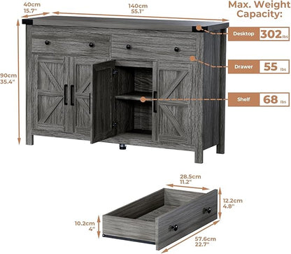 55" Sideboard Buffet Cabinet with Storage, Coffee Bar Cabinet with 2 Drawers and 4 Barn Doors, Long Storage Cabinet Modern Farmhouse, Grey Wood, for Kitchen, Dining Room, Living Room