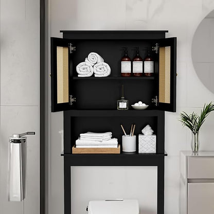 Over The Toilet Storage Cabinet, Behind Toilet Bathroom Organizer with Adjustable Shelves, Above Toilet Organizers with Barn Door, Space Saver for Restroom, Bathroom, Laundry