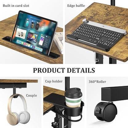 Small Standing Desk with Wheels, Mobile Stand Up Desk, Portable Standing Table on Wheels for Walking Pad, Rolling Computer Desk Adjustable Height, Tall Table
