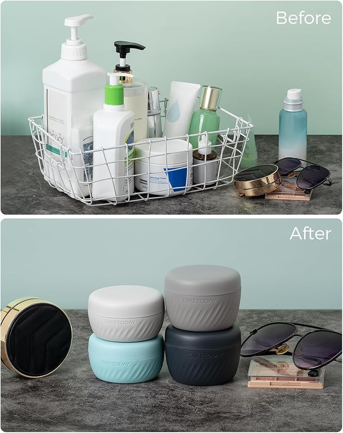 TakeToday Travel Containers for Toiletries, Leak-Proof, TSA Approved, Refillable Silicone Cylindrical Cream Jars with Lid for Cosmetic Toiletry, 2&3oz, 4 Pack, Grey