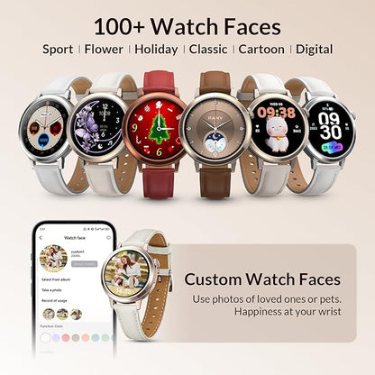 FANY Smart Watch for Women, 1.1'' AMOLED Ultra-Clear Display with Aluminum Case & Leather Band, Fitness Tracker with Sleep/Heart Rate/SpO2/ Breathing/Step Monitor, 110+ Exercise Modes for Android/iOS