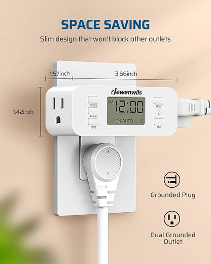 DEWENWILS 24 Hour Programmable Digital Timer Outlet, Timers for Electrical Outlets, Indoor Light Timers for Lamp Fan Aquarium, 2 Grounded Outlet, 125V/15A Resistive/1000W Tungsten, 3 Prong, 1 Pack