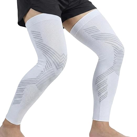 NuCamper Full Leg Compression Sleeves for Men and Women,2 Pack Legs Sleeves Long Knee Brace Support for Running, Basketball, Cycling, Workout, Sports - White,S
