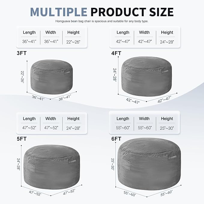 Homguava 5FT Bean Bag Chair Giant BeanBag with Memory Foam Filled, Comfy Bean Bag Chairs for Adults, Adult Bean Bag Chair with Dutch Velvet Cover for Living Room Bedroom-Grey