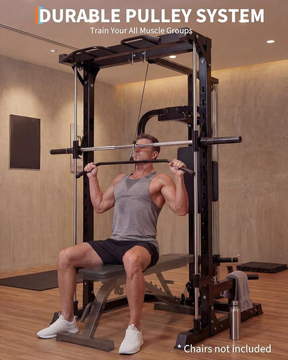 Garvee Smith Machine, Heavy Duty Power Cage Squat Rack with Smith Bar, LAT Pulldown System, Chest Station & More Training Attachment, Home Gym Equipment for Strengthen Training