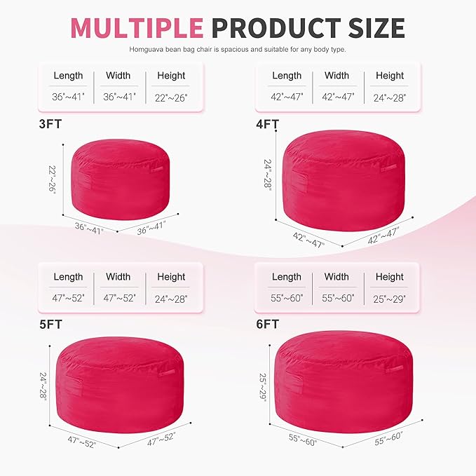 Homguava 5 FT Bean Bag Chair: 5' Bean Bags with Memory Foam Filled, Large Beanbag Chairs Soft Sofa with Dutch Velvet Cover-Pink
