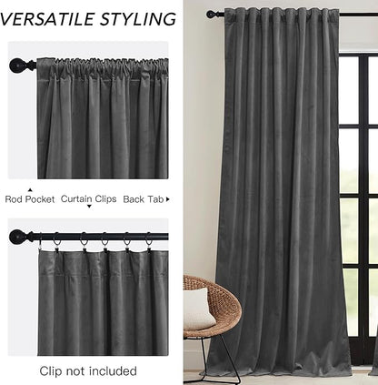 RYB HOME Grey Velvet Curtains 84 inches - Super Soft Blackout Curtains Thermal Insulated Drapes Heat Block Window Panels for Living Room Bedroom Studio, Wide 52 x Long 84, Grey, 2 Panels