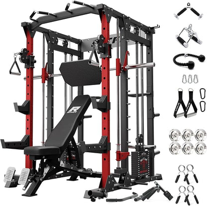 RitFit Buffalo Smith Machine Package, All-in-One Power Cage with Weight Stack , Power Rack with Cable Crossover & Leg Press Attachment for Home Gym
