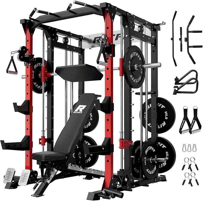 RitFit Buffalo Smith Machine, Power cage with LAT-Pull Down System & Cable Crossover System, All-in-One Squat Rack for Home Gym, Power Rack