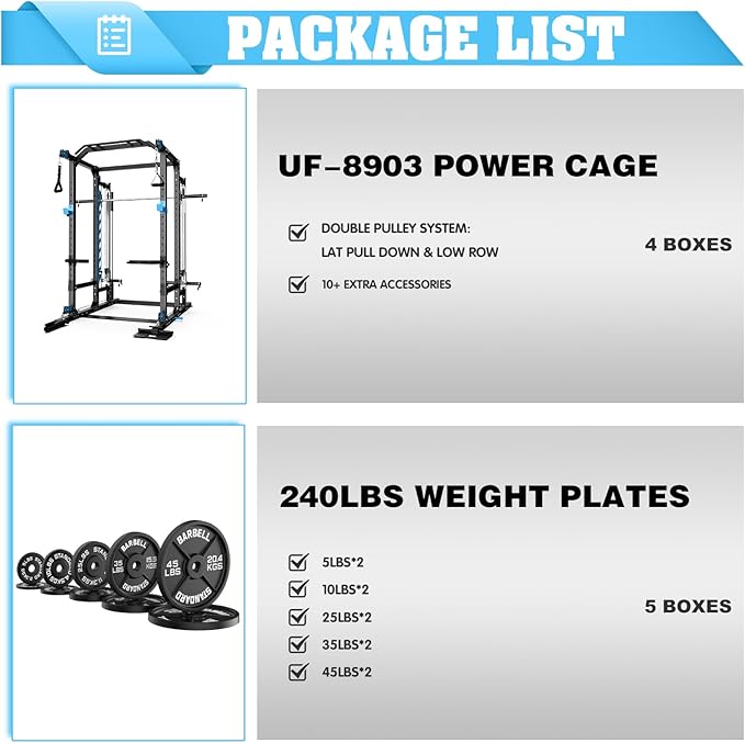 ULTRA FUEGO Power Cage with Cable Crossover/Smith Machine System LAT-Pull Down System Power Rack Squat Rack Training Attachments for Home Gym
