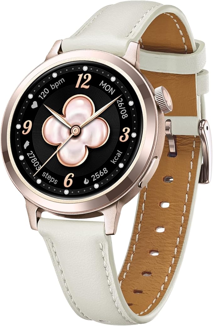 FANY Smart Watch for Women, 1.1'' AMOLED Ultra-Clear Display with Aluminum Case & Leather Band, Fitness Tracker with Sleep/Heart Rate/SpO2/ Breathing/Step Monitor, 110+ Exercise Modes for Android/iOS